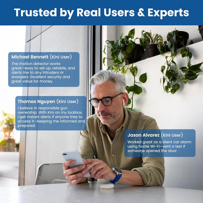 Kini SafeAlert WiFi Motion Sensor Alarm | Real-Time SMS Notification | Wireless Motion Detector for Safes, Cabinets, Home, Apartments, Office | Easy Install, No Subscription, Rechargeable Battery