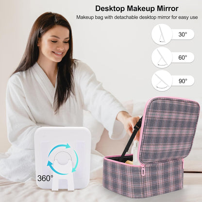 Makeup Bag With LED Mirror, Travel Makeup Case with Light up Mirror Large Cosmetic Case with 3 Color Lighted Portable Organizer Bag with Adjustable Dividers(Pink/Grey Stripes-Canvas, Small)