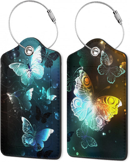 Luggage Tags for Suitcase,Glowing Butterfly Flying Luggage Tags of Set 2 Leather Identifiers Privacy Cover with Stainless Steel Loop for Women Men Travel Bag Suitcase