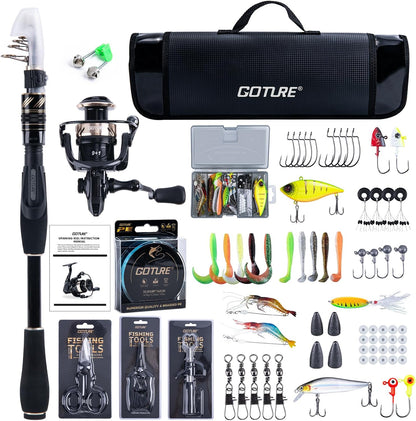 Goture Fishing Rod and Reel Combo - Carbon Fiber Telescopic Fishing Pole - Spinning Reel 9+1 Shielded Bearings Stainless Steel BB - A