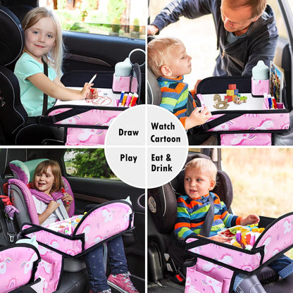 Kids Travel Tray, Car Seat Tray for kids Travel, Toddler Road Trip Essentials With Drawing Kit, Toddler Lap Desk Organizer for Car, Carseat Table for Airplane