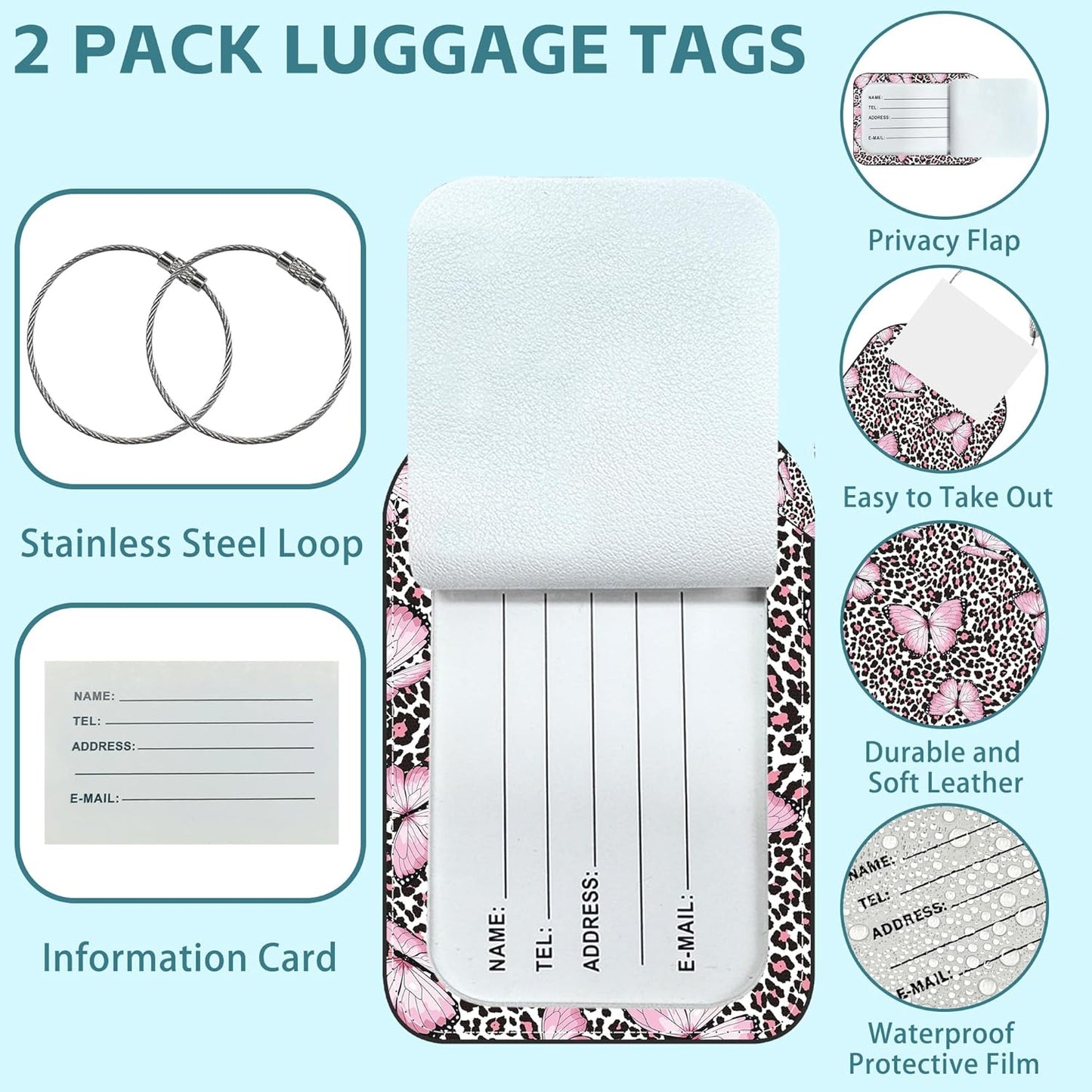 2 Pack Cute Luggage Tag for Suitcases Pink Butterfly and Leopard Leather Luggage Tags with Stainless Steel Loop Privacy Flap Name Tags,Men and Women Travel Bag Suitcase Tags