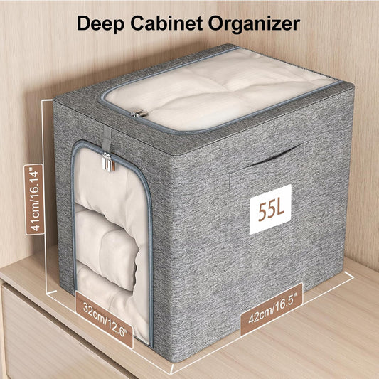 GoMaihe Clothes Storage Bins Metal Frame: 55L Extra Large Stackable Closet Storage Bin with Lid & Clear Window, Heavy Duty Blanket Box for Winter Coats Comforters (Fits Deep Closet 4-Pack)