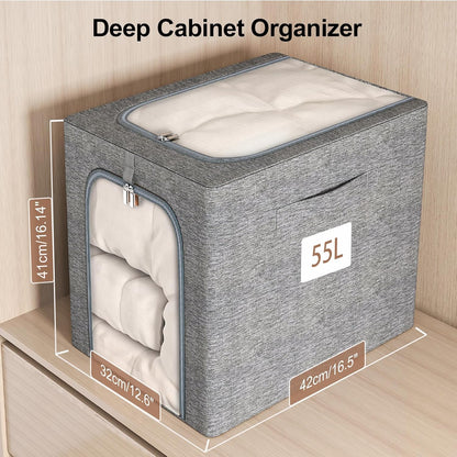 GoMaihe Clothes Storage Bins Metal Frame: 55L Extra Large Stackable Closet Storage Bin with Lid & Clear Window, Heavy Duty Blanket Box for Winter Coats Comforters (Fits Deep Closet 6-Pack)