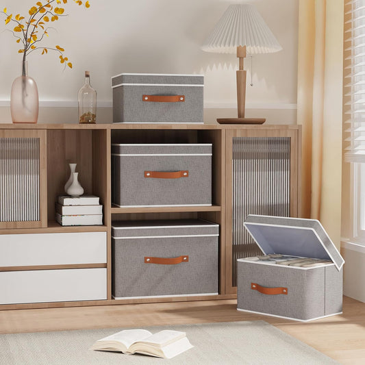 Fabric Storage Bins with Lids, Linen Foldable Clothes Boxes, Closet Organizer Containers with Double Handles, Baskets for Bedroom, Grey, 3 Pack, 13 x 9.1 x 7.9 Inch