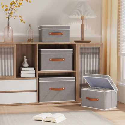 Fabric Storage Bins with Lids, Linen Foldable Clothes Boxes, Closet Organizer Containers with Double Handles, Baskets for Bedroom, Grey, 1 Pack, 13 x 9.1 x 7.9 Inch