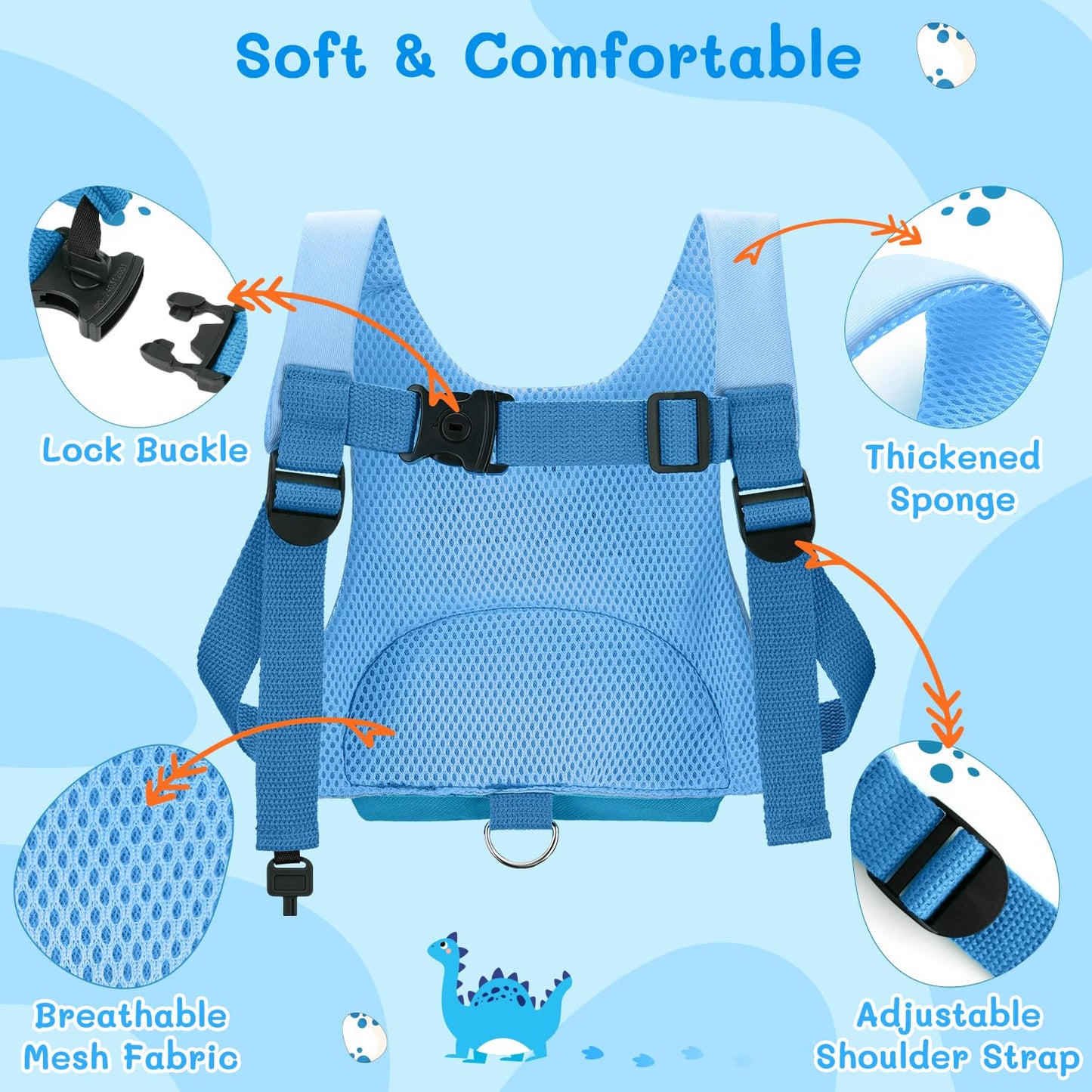 Dr.meter 3 in 1 Toddler Harness Leash + 8.2ft Anti Lost Wrist Link, Cute Dinosaur Kids Safety Harness with Key Lock, Child Walking Harness Assistant Strap for Outdoor Activity Travel