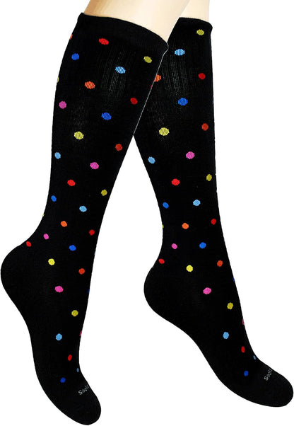 Cotton Compression Socks for Women & Men. 15-20 mmHg Support Knee-High Color Dots M/L
