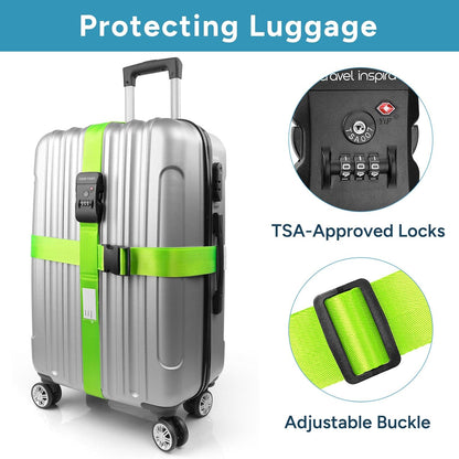 Luggage Straps with TSA Lock, Travel Belt for Luggage, TSA Approved Luggage Straps, 3-Dial Combination Locks Adjustable Suitcase Belt, Quick-Release Buckle (Green), 2 Pack