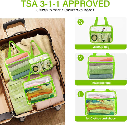 XEWEA Clear Travel Toiletry Bags, 3 Pack TSA Approved Transparent Makeup Bag for Men Women, Large Waterproof PVC Quart Organizer with Zipper for Toiletries Airline Essential,Toy Storage Pouch Green