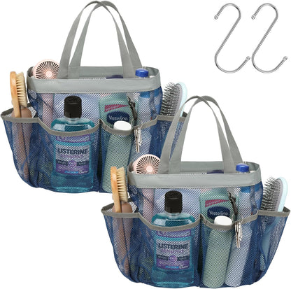 F-color Mesh Shower Caddy Portable - 2 Handles Upgrade Deeper 7 Pockets Basket Bag Tote for College Dorm Room Toiletry Bathroom Essentials Gym Camp Quick Dry with S Hook, 2 Pack Blue