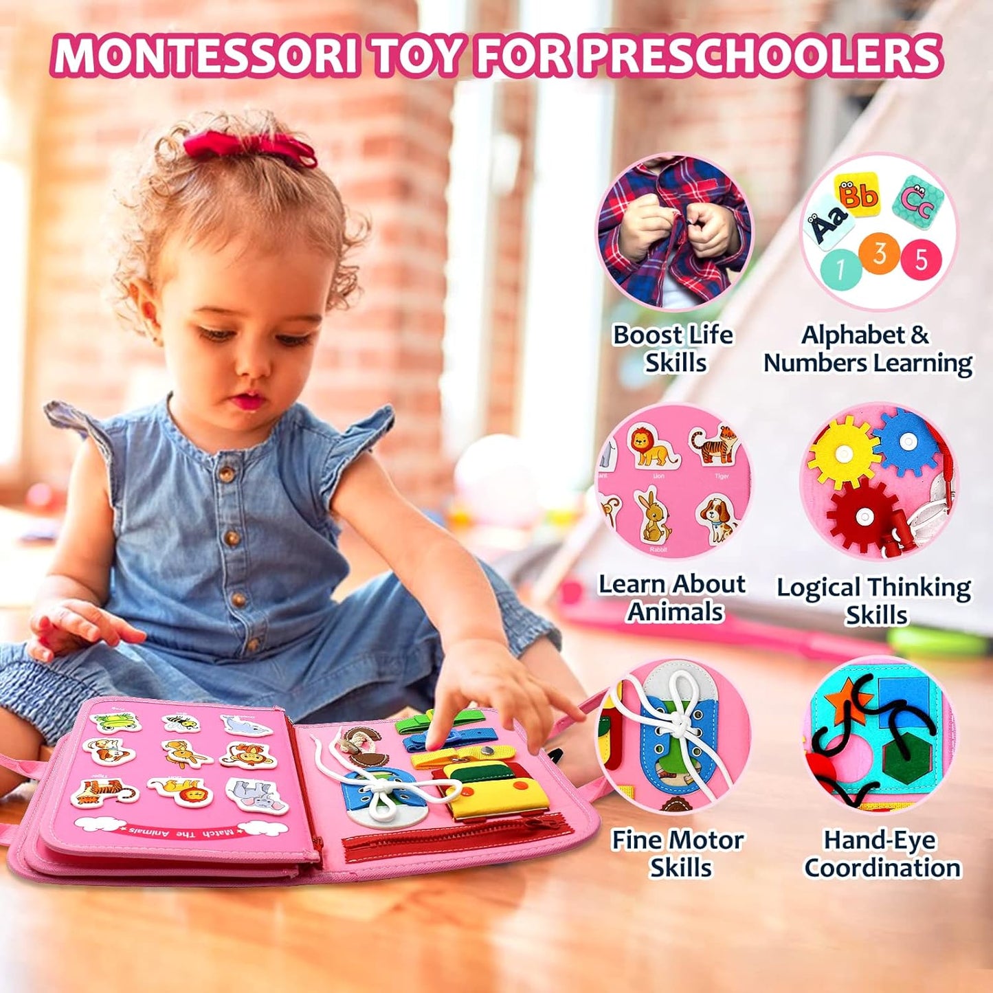Qizfun Busy Board Montessori Toy for 1 2 3 4 Years Old, Educational Activity Sensory Board Preschool Learning Fine Motor Skills Toys, Toddler Travel Toy for Plane Car, Gift for Boys Girls (Pink/P4)