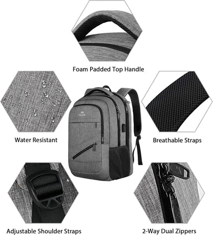 MATEIN Travel Laptop Backpack, 17 Inch Work TSA Approved Carry on Backpack, Large Computer Business Bag for Men Women with USB Port and Trolley Sleeve, College School Rucksack Book Bag, Grey