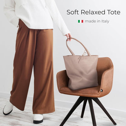 Italian Calf Leather Tote for Women with Zipper, Inner Pocket & Flat Base | Soft Unlined Shopper for Work & Travel