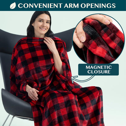 PAVILIA Travel Blanket and Pillow, Arms Opening Airplane Blankets for Adults, Compact Plane Blanket with Arm Hole 2-in-1 Bag for Flight Car Camping Luggage Backpack Traveler Gift, Checkered Red