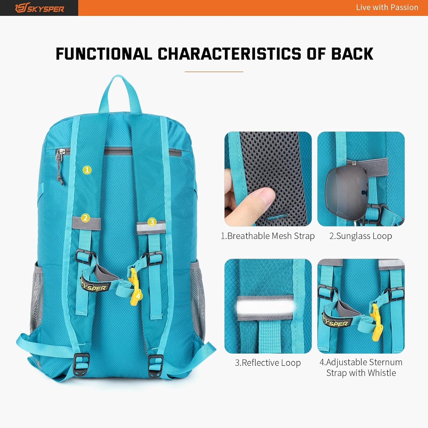 SKYSPER Lightweight Packable Backpack - 30L Hiking Daypack with Wet Pocket Foldable Travel Carry-on Backpack for Women Men
