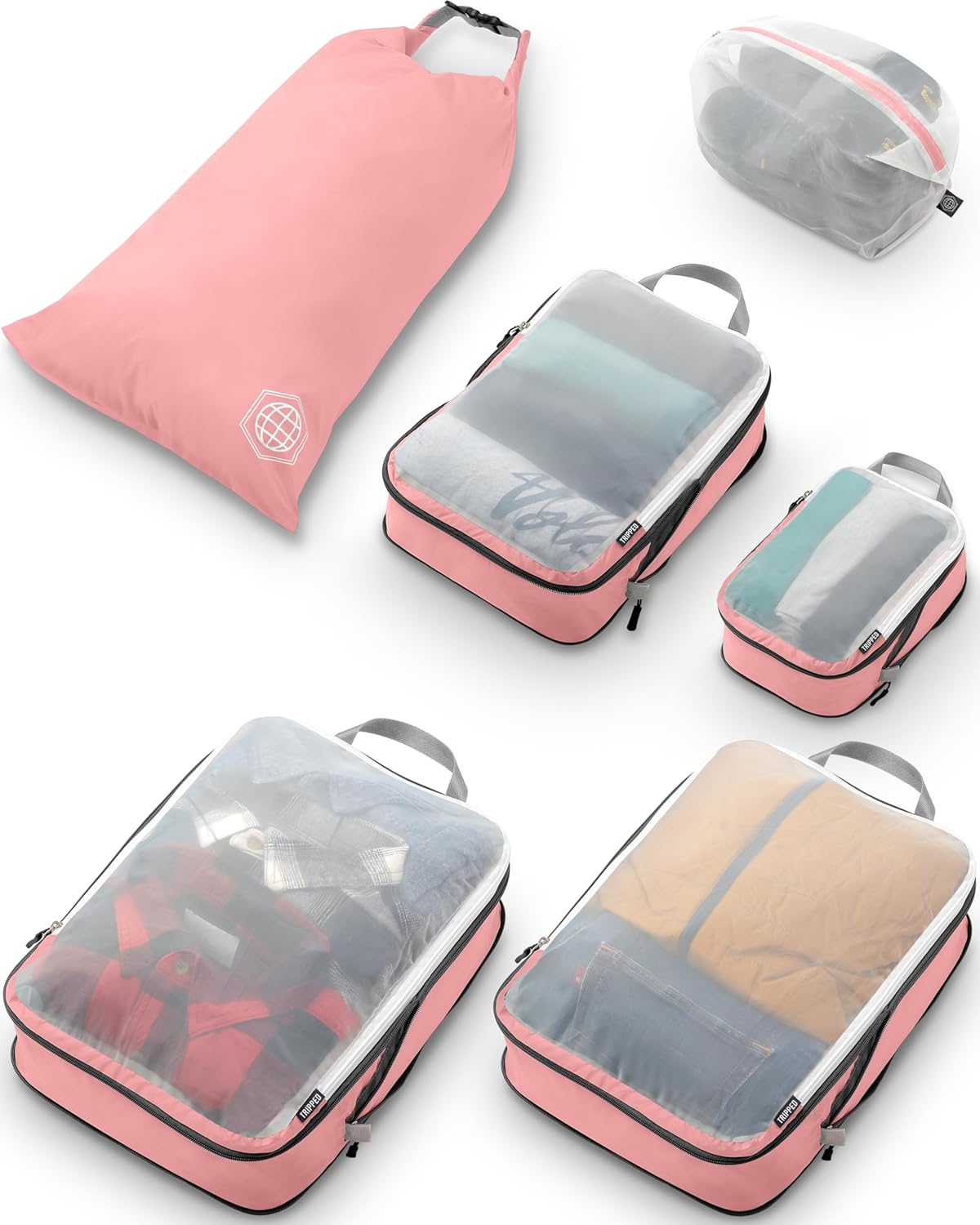 Large Packing Cube Set with See Through Mesh- Compression Packing Cubes Travel Organizers by TRIPPED Travel Gear (Dusty Rose)