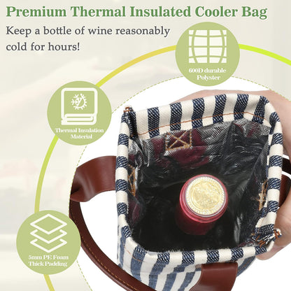 Tirrinia Single Wine Gift Tote Bag, Insulated Padded Thermal Wine Bottle Carrying Cooler Carrier for Travel, Picnic, Great Gift for Wine Lover, Blue Stripe