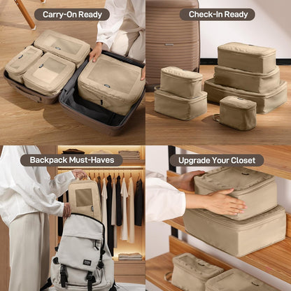 EPICKA TripCozy Compression Packing Cubes - 6 Set Durable Travel Organizer Bags with Mesh Top, Expandable Travel Accessories for Carry on, Luggage, Suitcase, Backpack (Khaki)