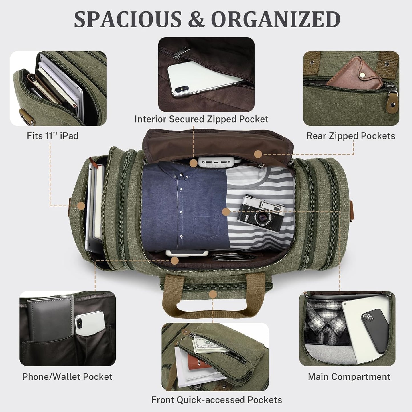 Gonex Canvas Duffle Bag for Travel 60L Duffel Overnight Weekender Bag (Army Green)