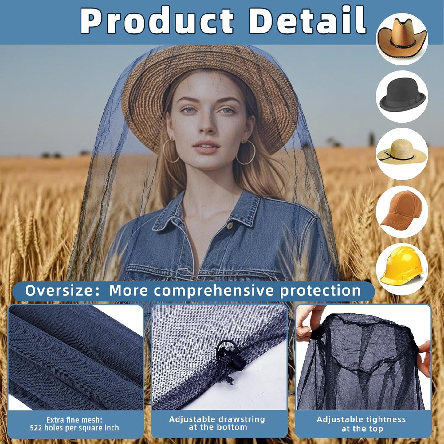 Oversized Mosquito Net 42 x 25 Inches Ultra Large Mosquito Head Net Face Neck Fly Mesh Netting Fits All Hats for Outdoor Camping Hiking Fishing Gardening Safari(Navy Blue)