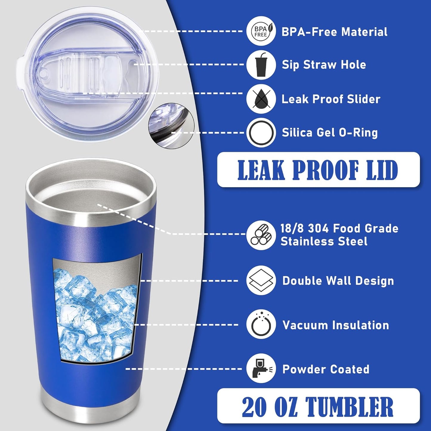 20 oz Tumbler Coffee Tavel Tumblers Bulk with Lid Stainless Steel Double Wall Vacuum Insulated Mug Powder Coated Cups fit Car Cupholder for Hot and Cold - Dark Blue, 8Pack