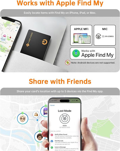 NOVOO Air Locator Tag (iOS Only) Wallet Tracker Card with Find My, Smart Card Bluetooth Tracker, 6 Years Battery, IP68 Waterproof, 1.6mm Keys Finder and Item Locator for Keys, Bags, Passport(2 Pack)