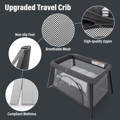 Travel Crib, Portable Crib for Baby, Pack and Play for Babies and Toddler, Lightweight Backpack Design,Foldable Travel Baby Playpen with Mattress(Dark Grey)