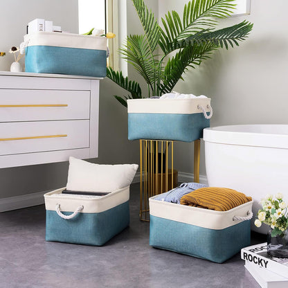 TheWarmHome Fabric Storage Bin with Handles,Storage Basket for Home Storage and Organization, Shelf Basket with Cover for Living Room Bedroom Closet（White & Green Large,15.7L*11.8W*8.3H