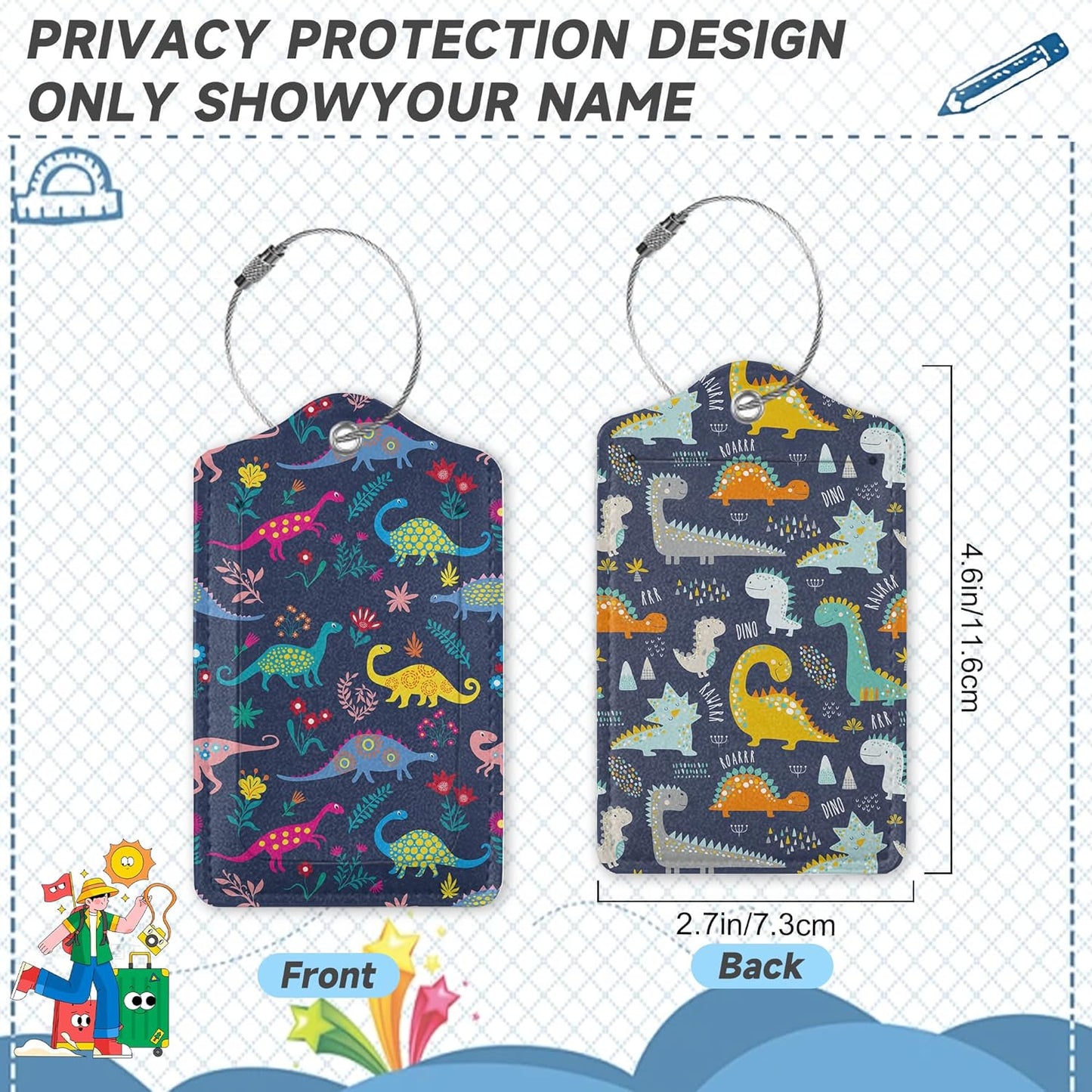 Set of 2 Luggage Tags for Suitcases, Leather Cute Cartoon Dinosaur Baggage Tags with Stainless Steel Loop, Privacy Name ID Card Cover Kawaii Travel Labels for Women Men Kids Girls