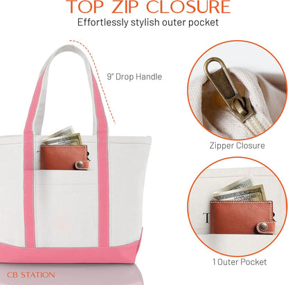 CB STATION Medium Classic Canvas Tote Bag for Women, Top Zipper Closure, Outer Pocket, Daily Essentials, Groceries, Traveling
