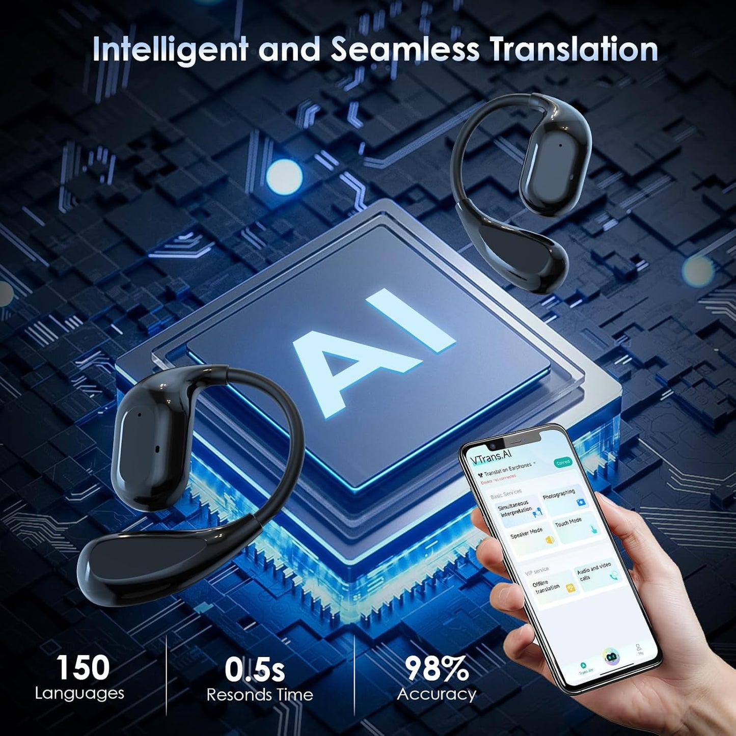 Translation Earbuds Real Time AI: Olycism AI Translator Earbuds with 150 Languages 3 in 1 Translation Headphones Long Battery Life Bluetooth 5.4, iOS Android for Travel Business Study