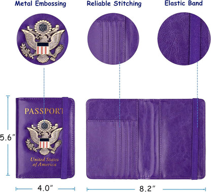 TOURSUIT RFID Blocking Passport Holder for Women Men, Leather Passport Travel Wallet with Metal 3D Metal Badge, Travel Document Holder Cover Accessories (Purple)