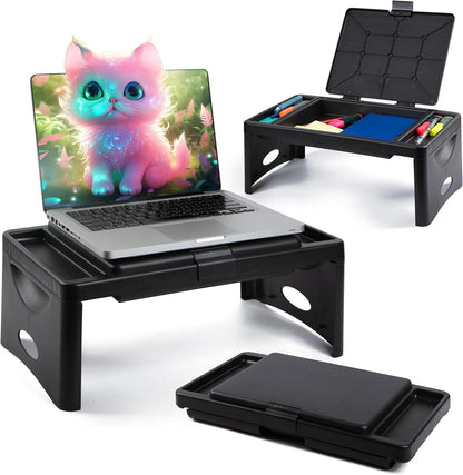 Loddie Doddie Folding Lap Desk & Bed Table - 9.75 x 12 in Black Sturdy Plastic - Portable Desk for Bed with Storage Pocket & Accessory Trays - Laptop Tray & Lap Table for Kids