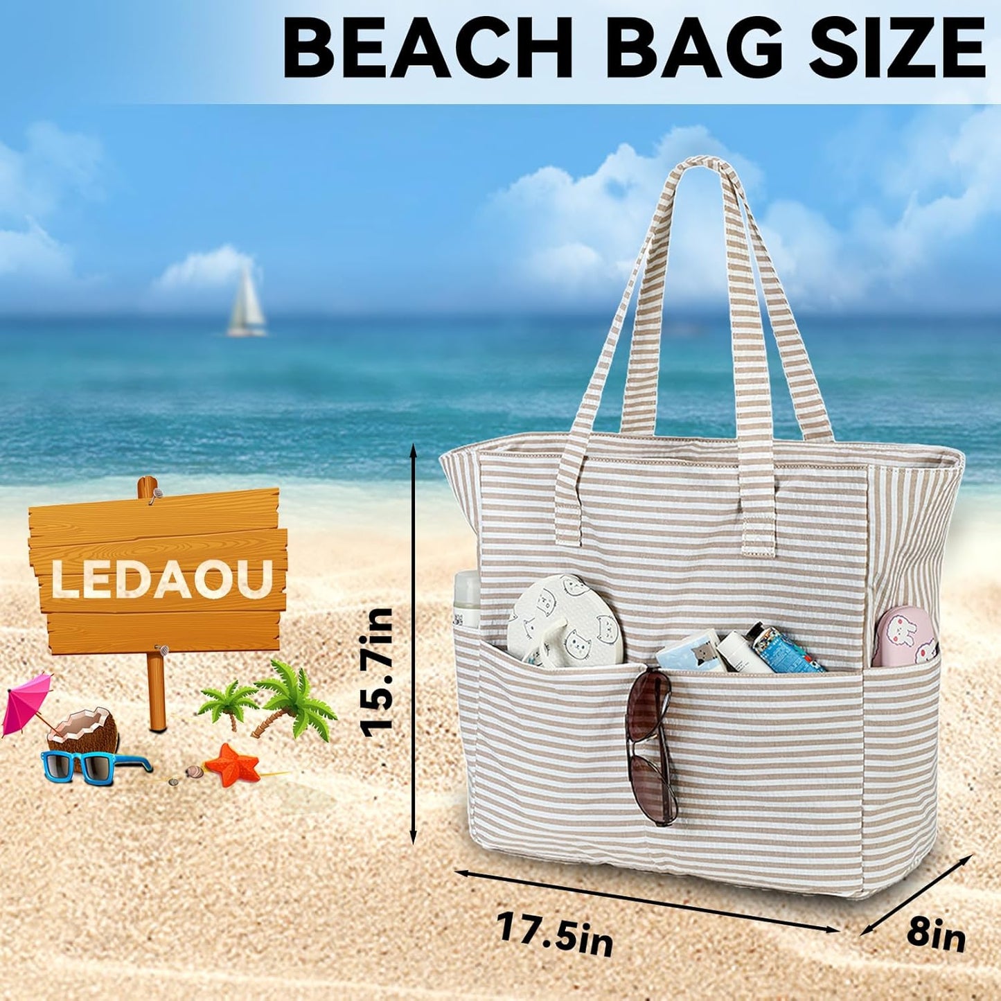 LEDAOU Beach Bag Waterproof Sandproof Women Tote Bag Pool Bag with Zipper for Gym Grocery Travel with Wet Pocket