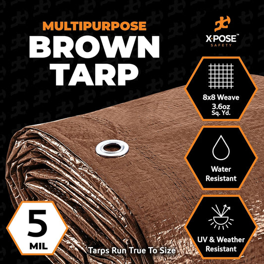 Multipurpose Protective Cover Brown Poly Tarp 8' x 10' - Durable, Water Resistant, Weather Resistant - 5 Mil Thick Polyethylene - by Xpose Safety - by Xpose Safety