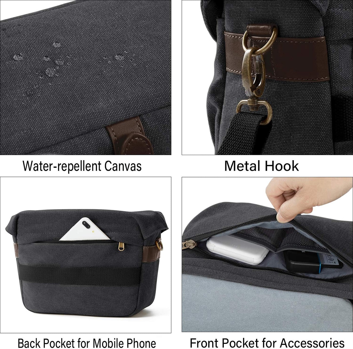 BAGSMART Camera Bag, SLR DSLR Canvas Crossbody Camera Case, Compact Camera Shoulder Bag with Rain Cover for Women and Men, Black