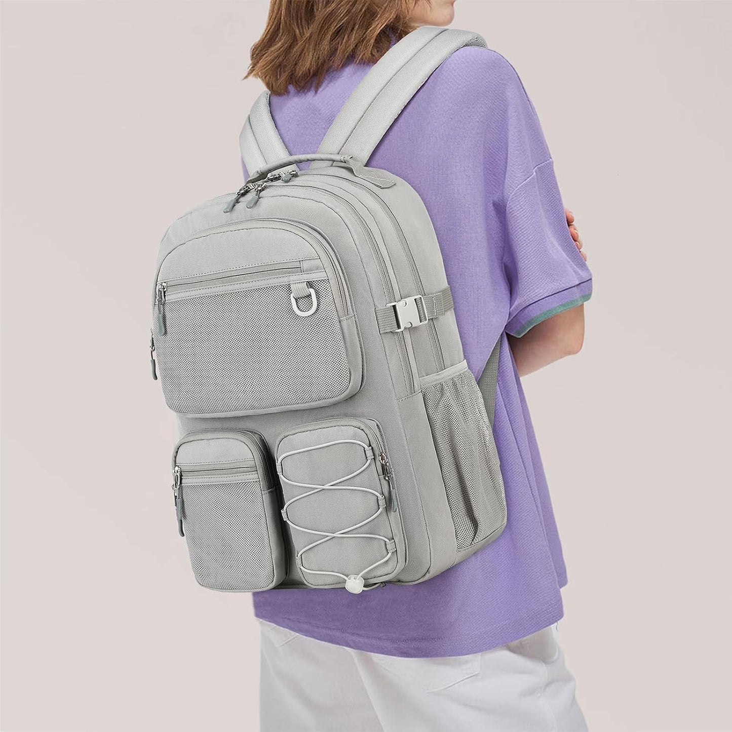 Lohol Water Resistant Daypack with Mulitiple Pockets for School Travel Outdoor College, 15.6 inch Laptop Backpack for Men and Women (Grey)