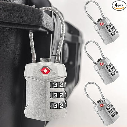4 Pack TSA Approved Travel Luggage Locks, Cable Combination Lock, 3 Digit Padlock, Alloy Steel Cut-Resistant Cable, Weatherproof Zipper Lock for Gun/Suitcases, Backpacks, Gym Lockers, Golf Bags-NO KEY