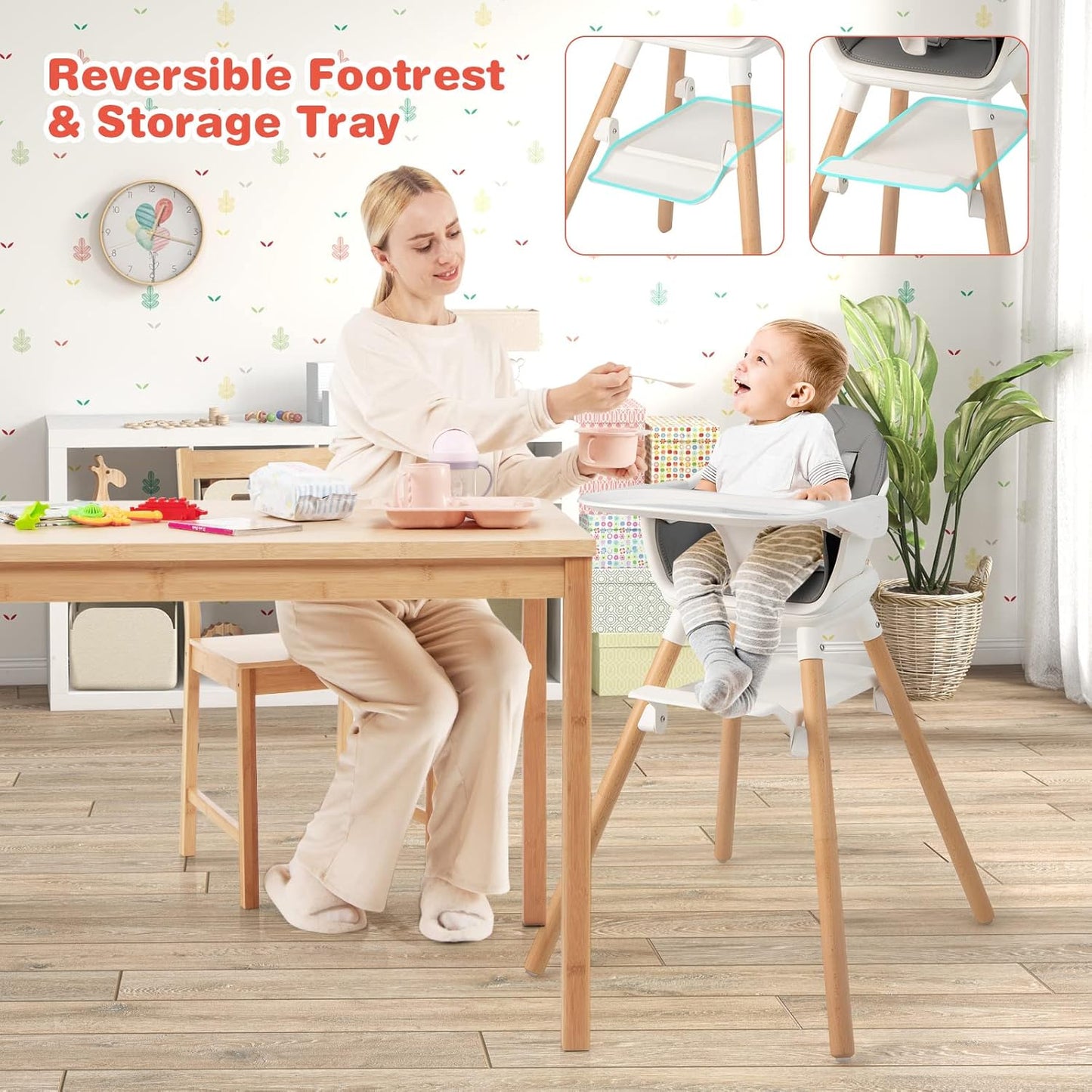 HONEY JOY Baby High Chair, 6 In 1 Convertible Wooden Highchair for Babies and Toddlers/Toddler Chair/Bar Stool, Removable Double Tray & Reversible Footrest, Safety Harness for Infant Boys Girls (Gray)