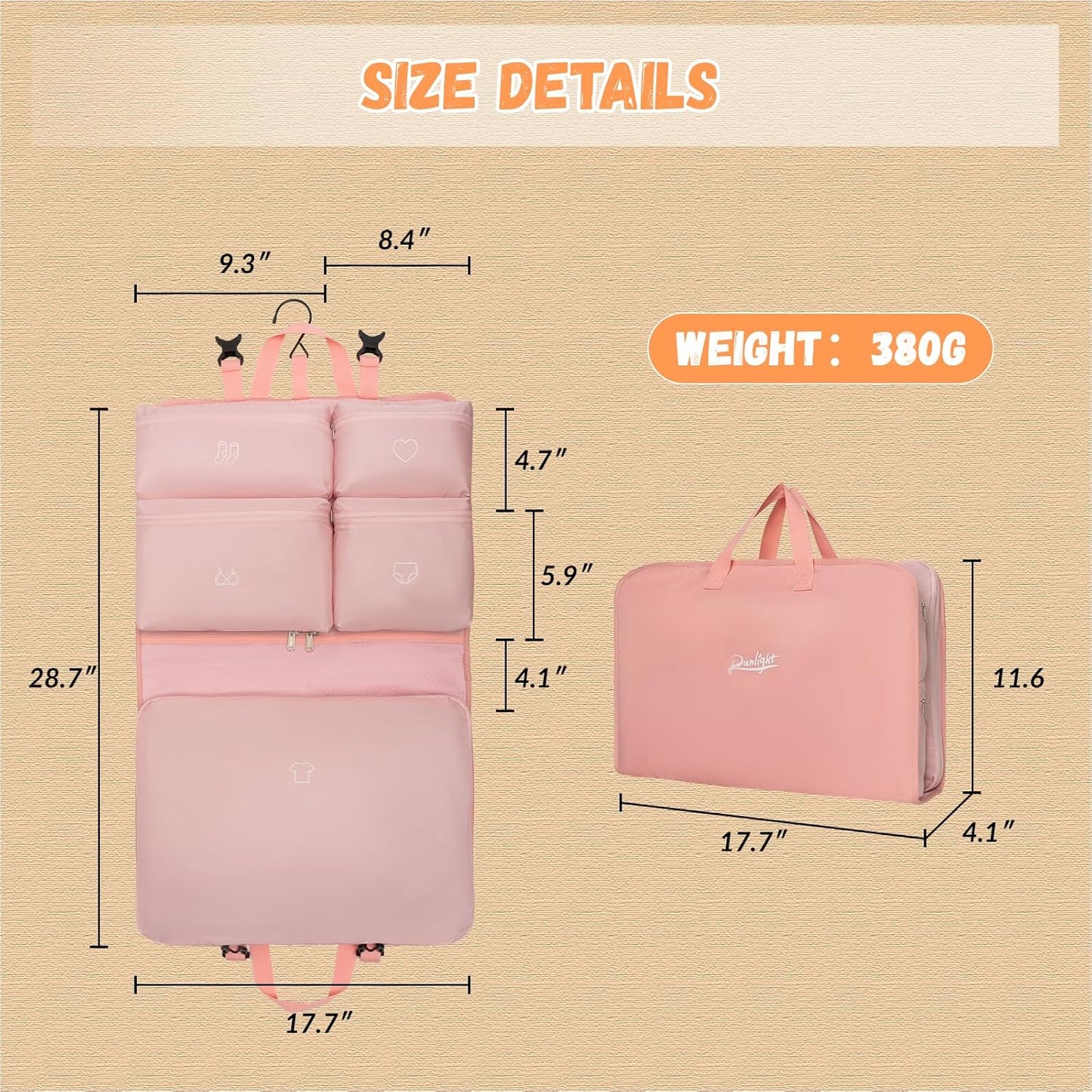 Hanging Packing Cubes,Garment Bags for Travel and Storage, Travel Apparel Bags for Men Women with 5 Solid Color Pockets, Storage Bags for Clothes, Socks,Underwear for Carry on Suitcase (Pink)