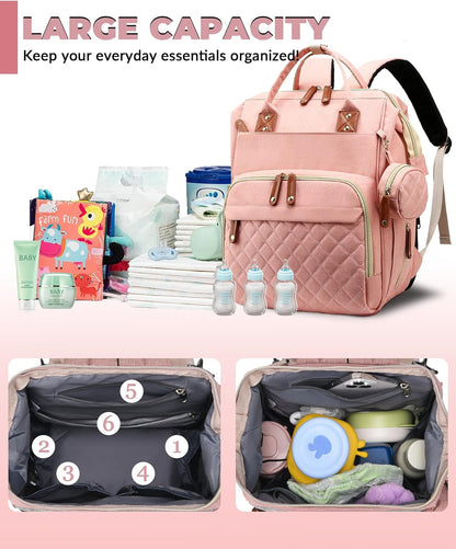 Diaper Bag with Changing Station, Waterproof 3 in 1 Baby Diaper Backpack with Foldable Changing Pad, Large Travel Back Pack for Baby Girl Boy, Peach Pink