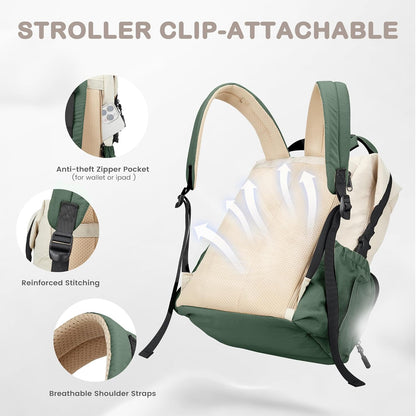 VONAL Diaper Bag Backpack, Lightweight Baby Diaper Bags, Travel Large Diaper Bag with Changing Station, Green Diaper Backpack for Boys Girls Newborn with Insulated Pockets, Stroller Straps