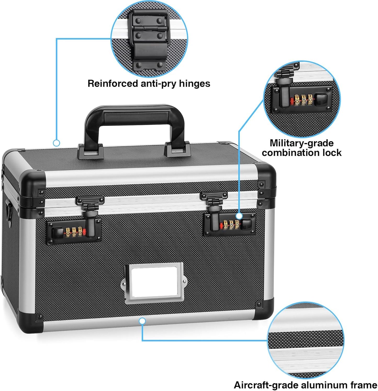 11 x 7 x 8.3 Inch Lockable Storage Box with Combination Lock, Portable Safe for Documents, Medicine, Cash & Valuables, Medicine Lock Box with Label Slot for Home, Office & Travel - Black