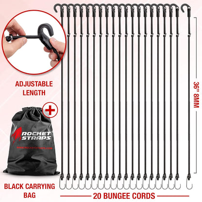 Rocket Straps - Ultimate Adjustable Outdoor Bungee Cord Assortment - Heavy Duty Set of 20 Bungee Cords (36") Double-J Hooks - Elastic Straps for Camping, Securing, and DIY Multipurpose