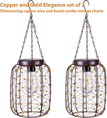 Hanging Solar Lanterns Outdoor Waterproof, Vintage Copper Hanging Lantern Lights for Outside, Solar Chandelier Outdoor Idea for Yard Garden Pathway Gazebo Pergola Porch Decor, 2 Pack