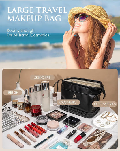 Gifts for Friends Female Mom, Initial Makeup Bag, Personalized Double Layer Cosmetic Bag with Makeup Brush Organizer, Waterproof, Large Capacity PU Leather Travel Toiletry Bag, Gift for Wife