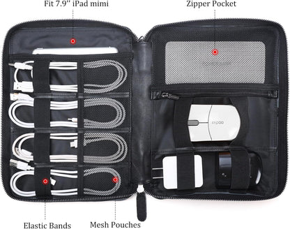 Polare Full Grain Leather Travel Cable Organizer Case Electronics Accessories Carry Bag with YKK Zippers Tech Storage Bag for Cables, Power Bank, USB, SD Card, Travel Essentials