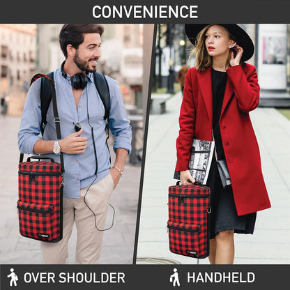 Opux 2 Bottle Wine Tote Carrier, Insulated Cooler Bag for Travel Picnic, Leakproof Padded Case, Wine Gifts for Women & Men, Plaid Buffalo Red