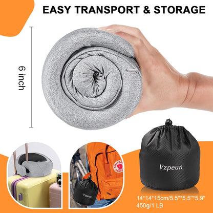 Travel Pillow - Hooded Neck Pillow Airplane Memory Foam Filling for Plane, Office, Cars Sleeping, Road Trip, Long Flights, Portable Plane Accessories, Includes Eye Mask & Earplugs (Light Gray)
